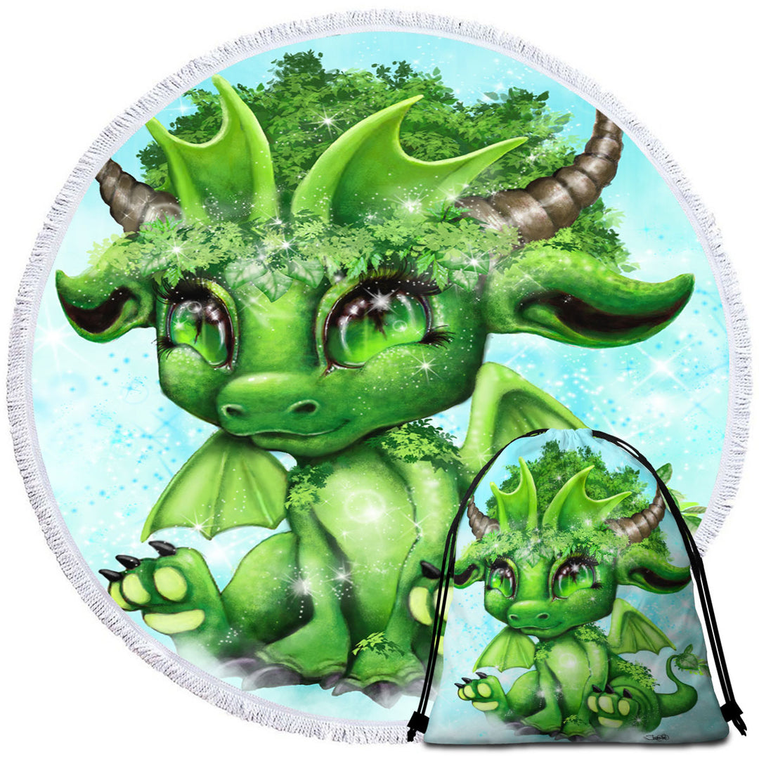 Childrens Beach Towel Cute Fantasy Creature Green Leaf Lil Dragon