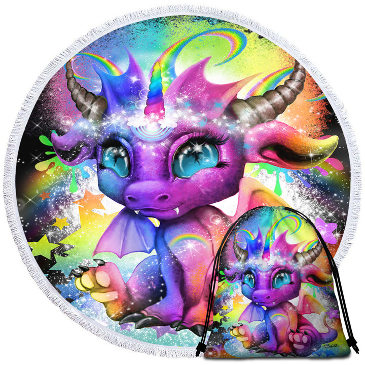 Childrens Circle Beach Towel Cute Fantasy Creature Rainbow Lil Dragon