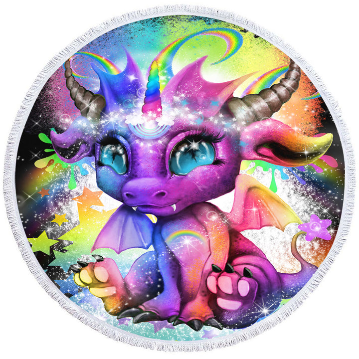 Childrens Round Beach Towel Cute Fantasy Creature Rainbow Lil Dragon