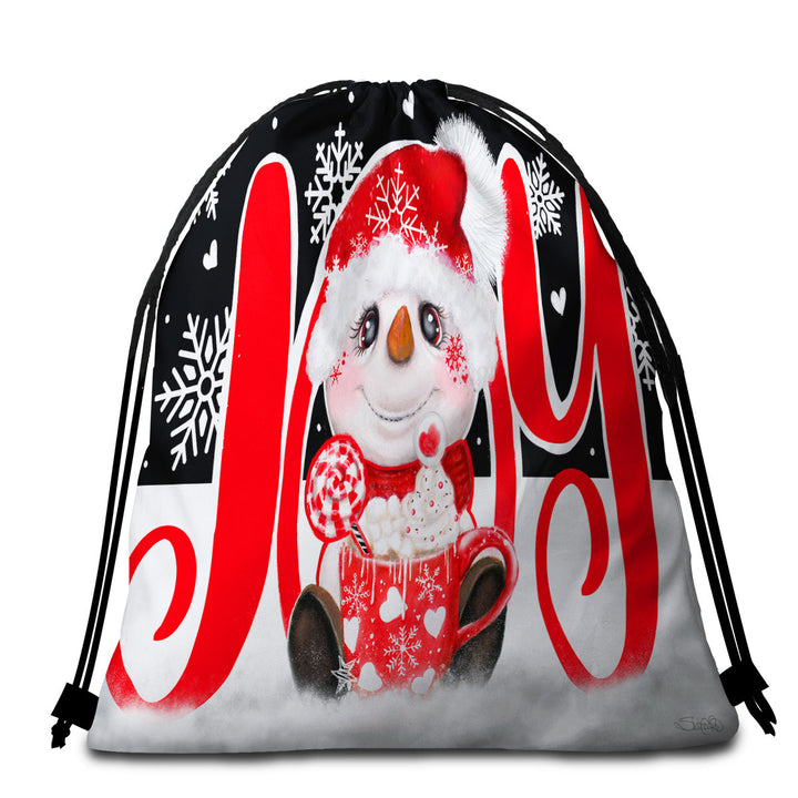 Christmas Beach Towel Bags Joy Snowman Hot Cocoa Mug