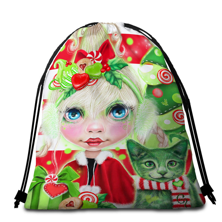 Christmas Beach Towel Bags Red Green Christmas Cindy Girl and Kitty Cat