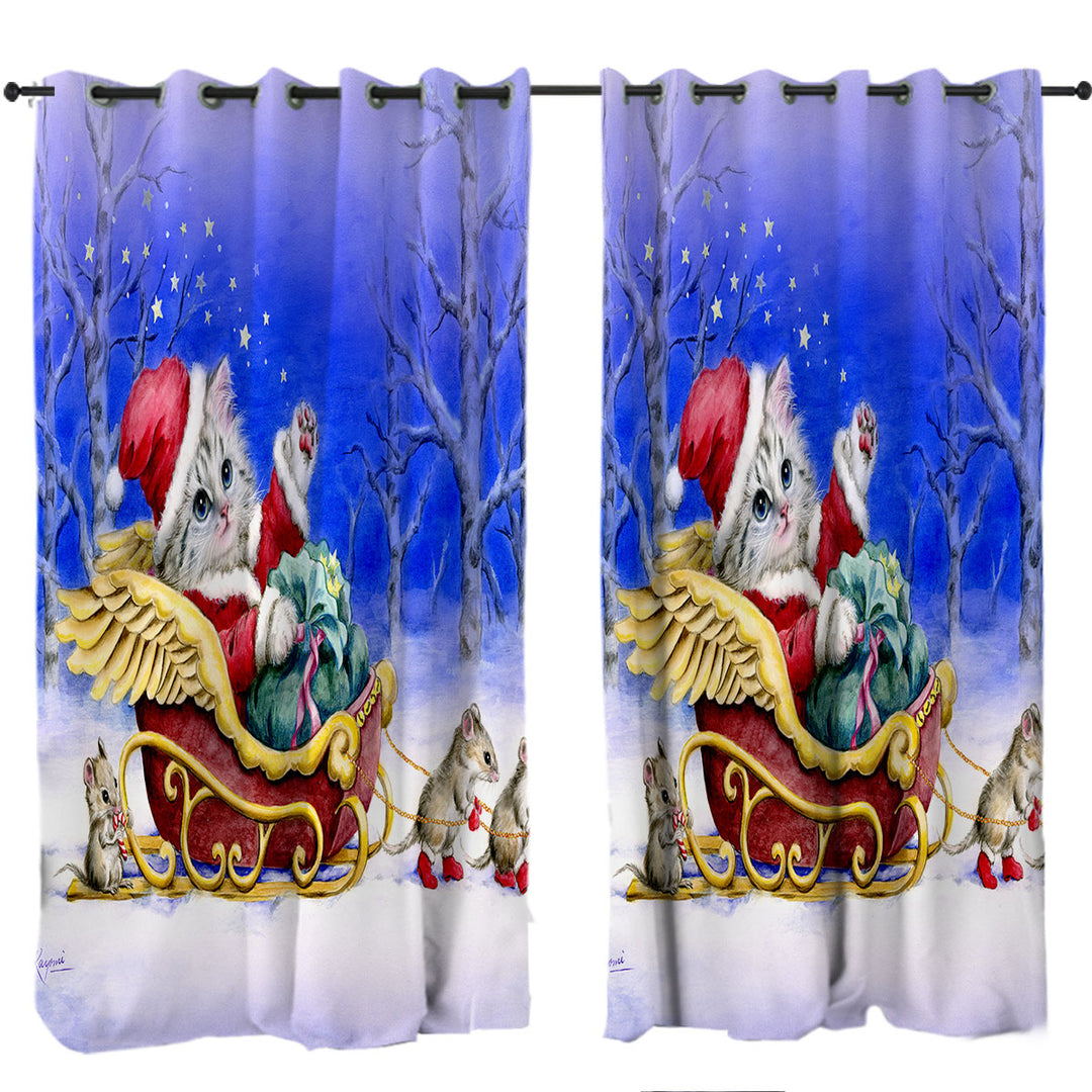 Christmas Cat Kitten Santa with Mice Friends Curtain