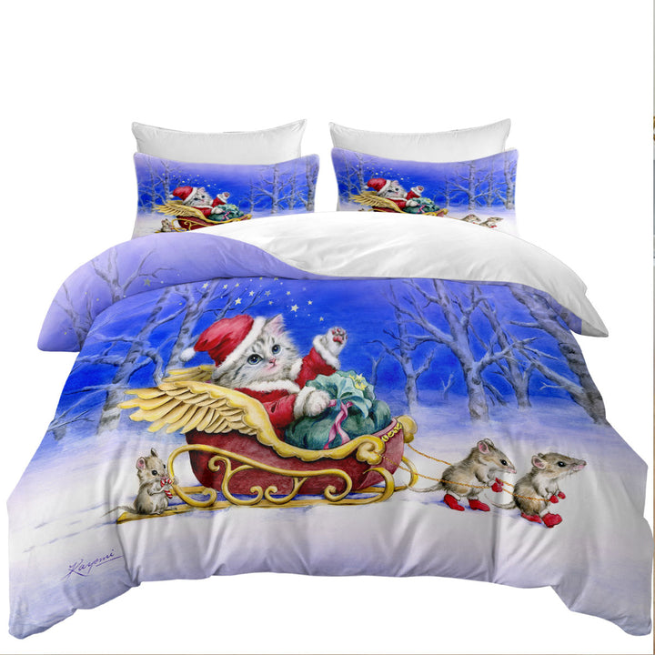 Christmas Cat Kitten Santa with Mice Friends Duvet Cover