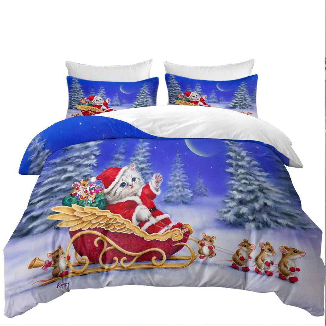 Christmas Cats Kitten Santa and Mice Helpers Bed Covers