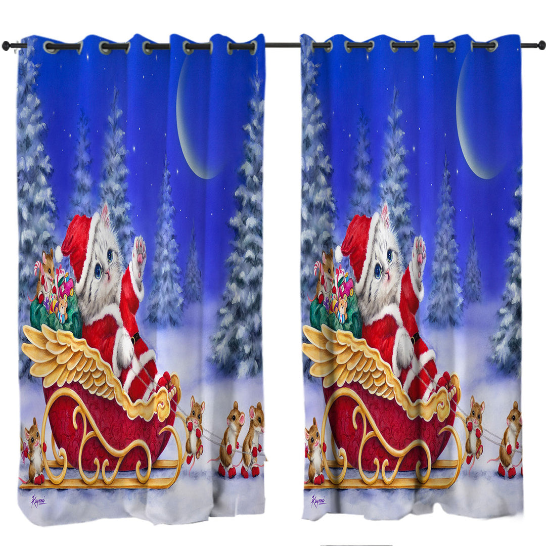 Christmas Cats Kitten Santa and Mice Helpers Curtains