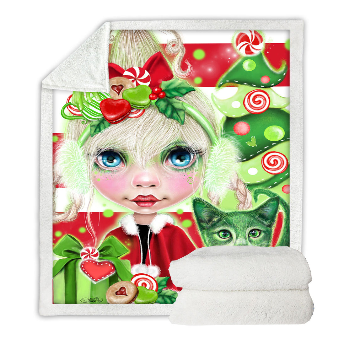 Christmas Decorative Blankets Red Green Christmas Cindy Girl and Kitty Cat