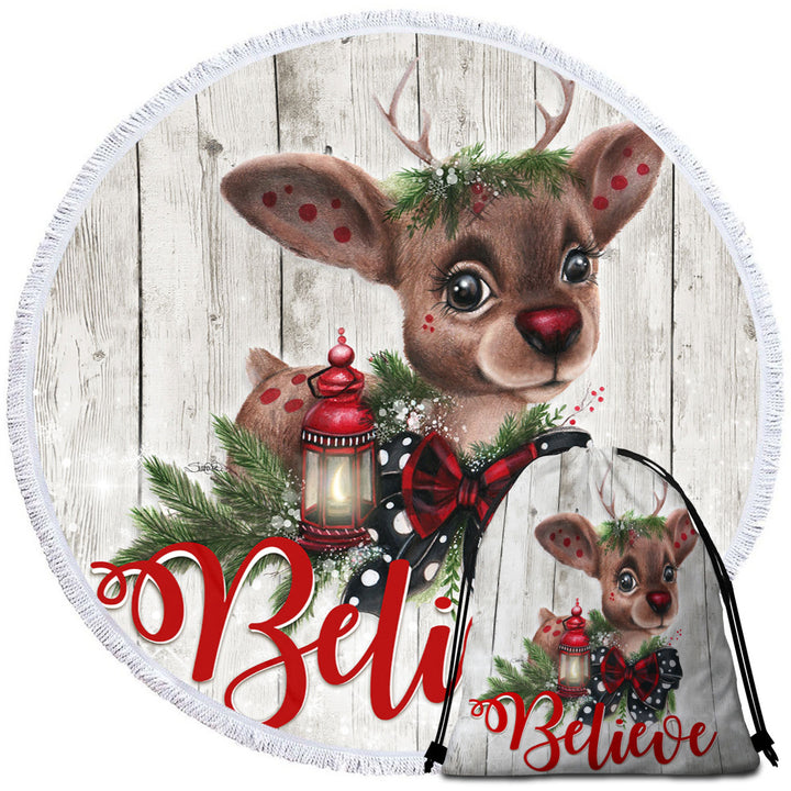 Christmas Design Believe Reindeer Round Beach Towel