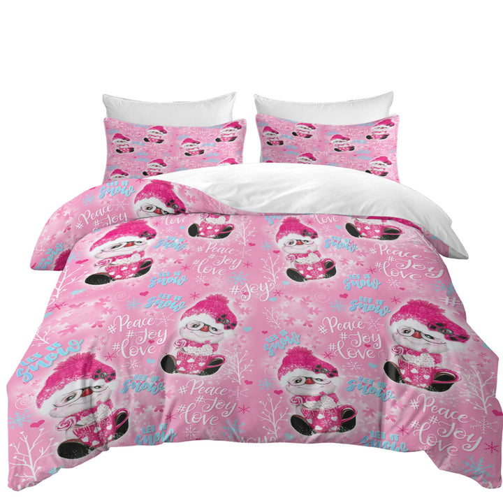 Christmas Duvet Cover Winter Pink Snowman Pattern