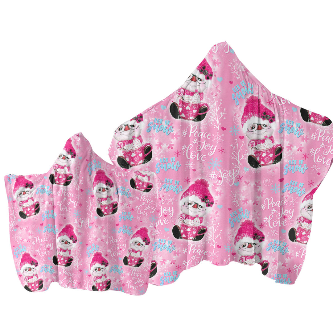 Christmas Hooded Beach Towel Winter Pink Snowman Pattern