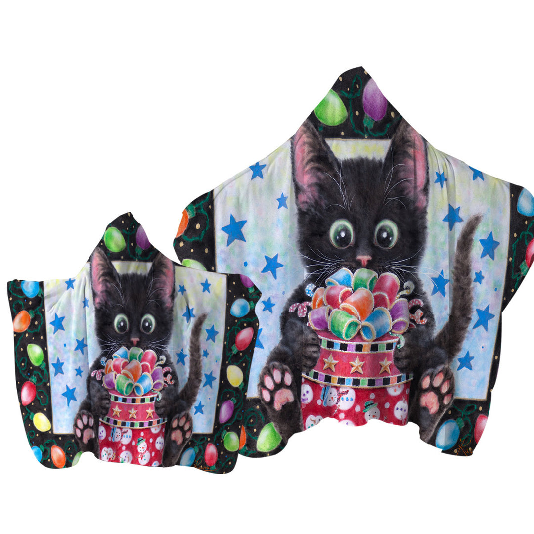 Christmas Lights and Cute Black Kitten Cat Towel Hoodie