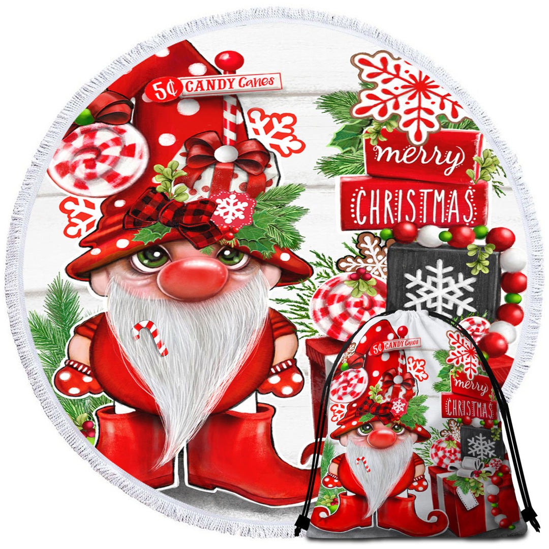 Christmas Peppermint Gnome Round Beach Towel