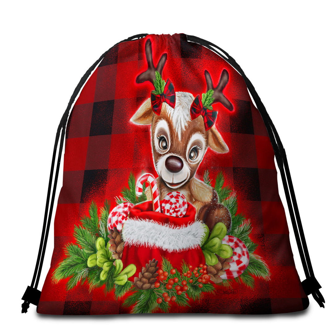 Christmas Plaid Cutie Reindeer Beach Bags and Towels