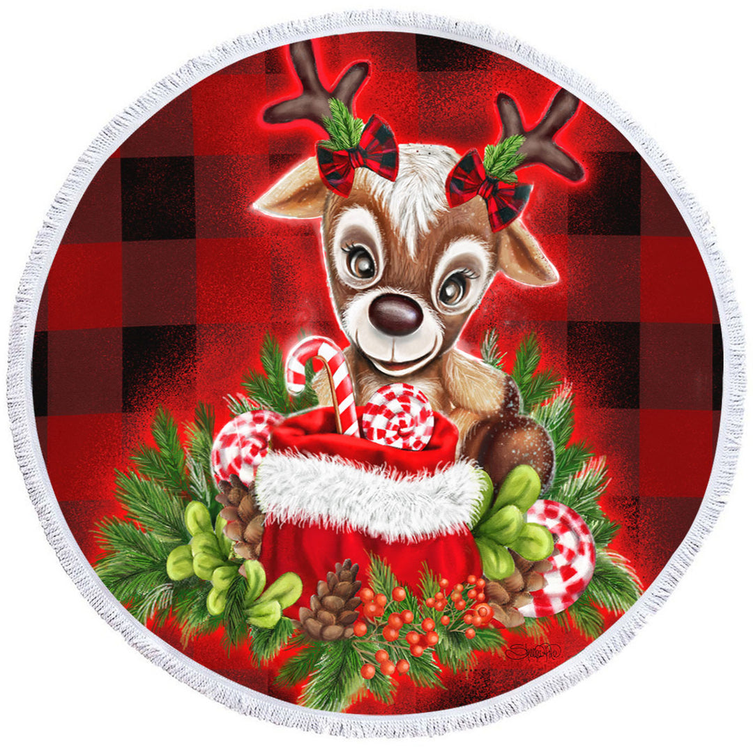 Christmas Plaid Cutie Reindeer Circle Beach Towel