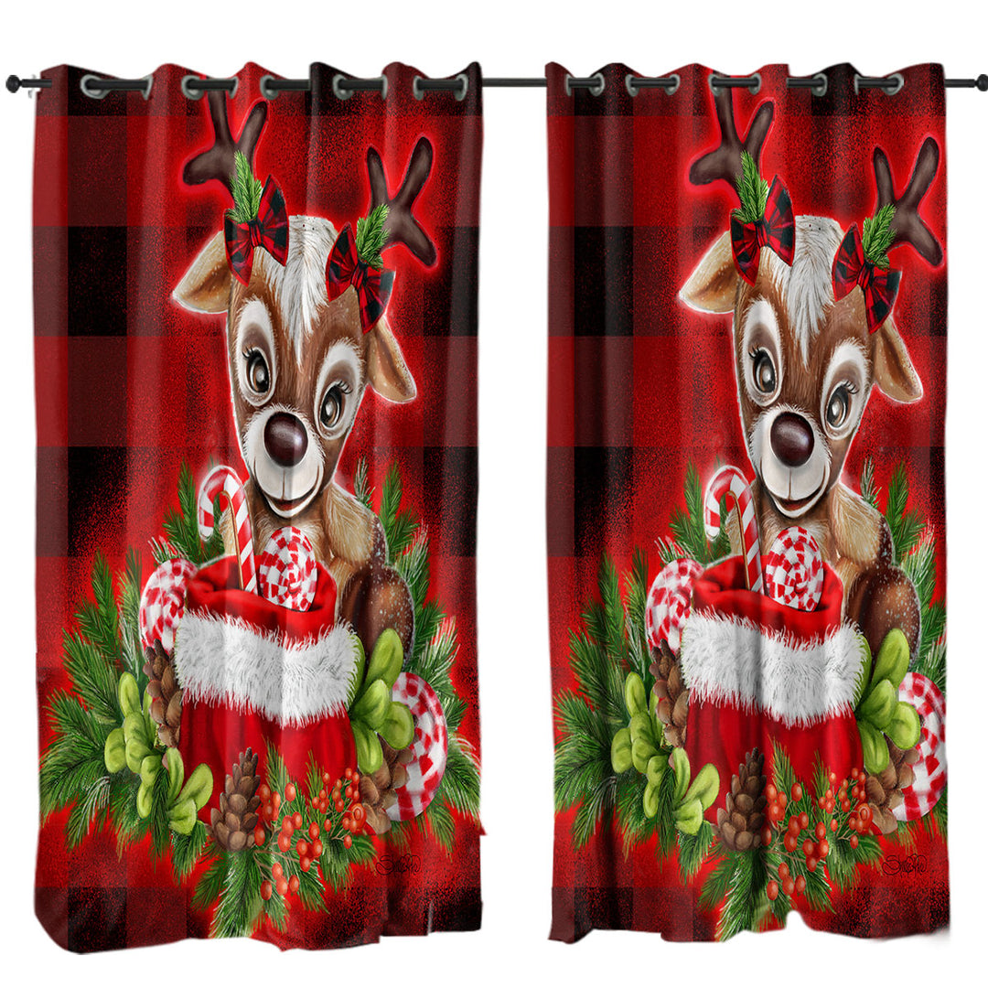 Christmas Plaid Cutie Reindeer Curtains