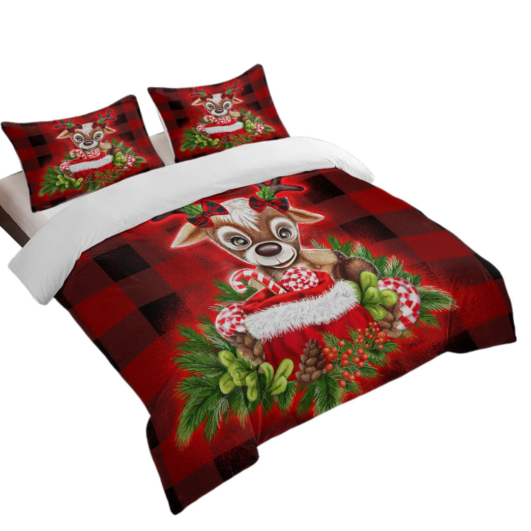 Christmas Plaid Cutie Reindeer Quilt Cover Sets