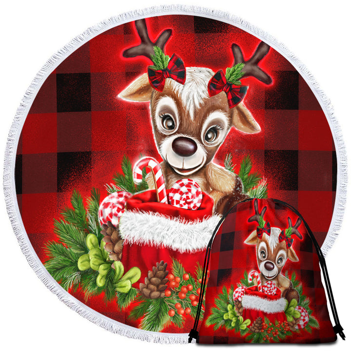 Christmas Plaid Cutie Reindeer Round Beach Towel