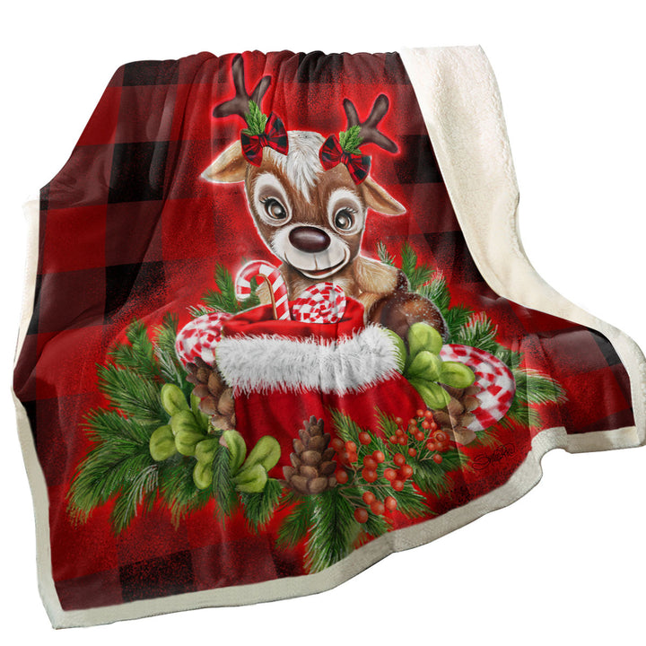 Christmas Plaid Cutie Reindeer Sherpa Blanket