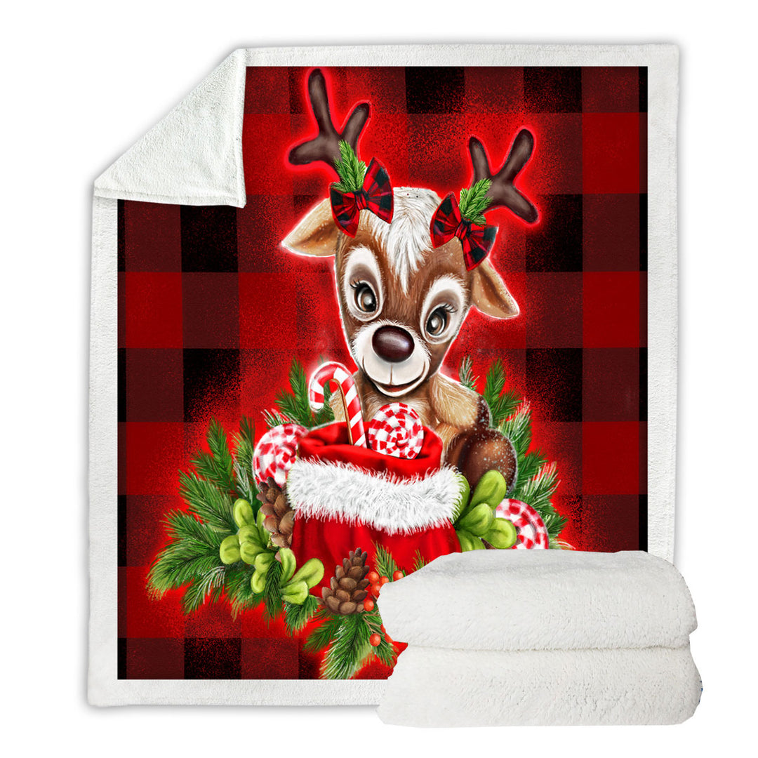 Christmas Plaid Cutie Reindeer Throw Blanket