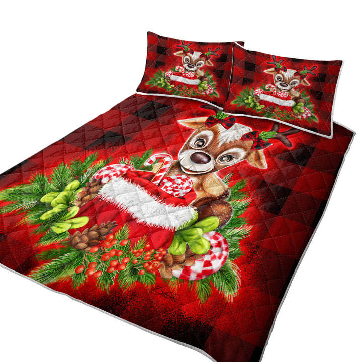 Christmas Plaid Cutie Reindeer Twin Quilt