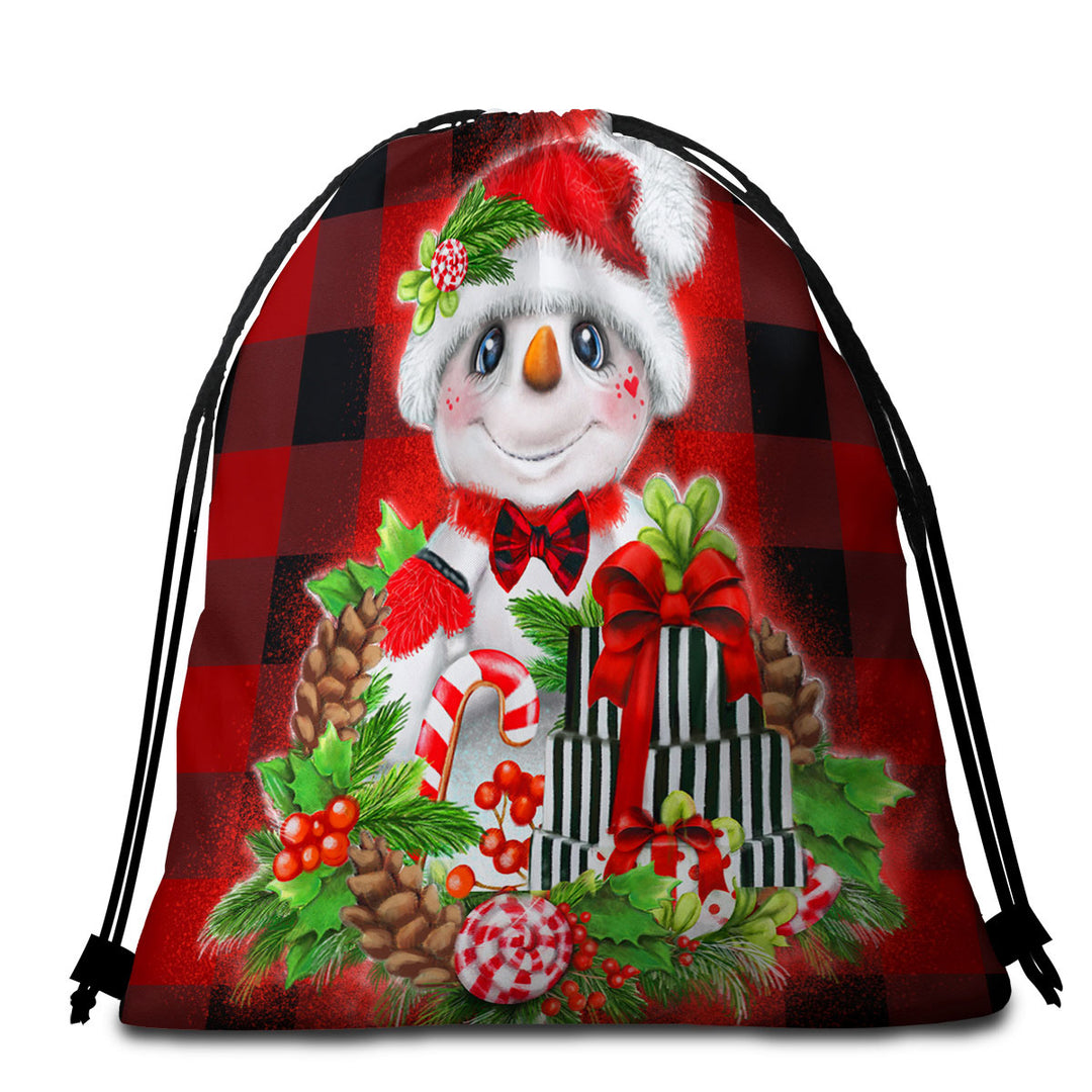 Christmas Plaid Cutie Snowman Beach Towel Bags