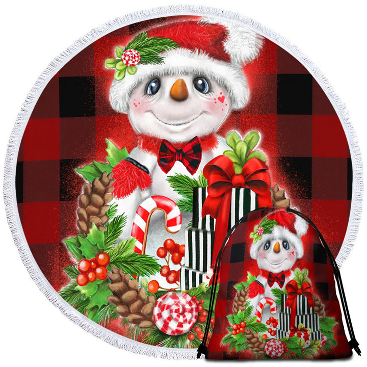 Christmas Plaid Cutie Snowman Circle Beach Towel