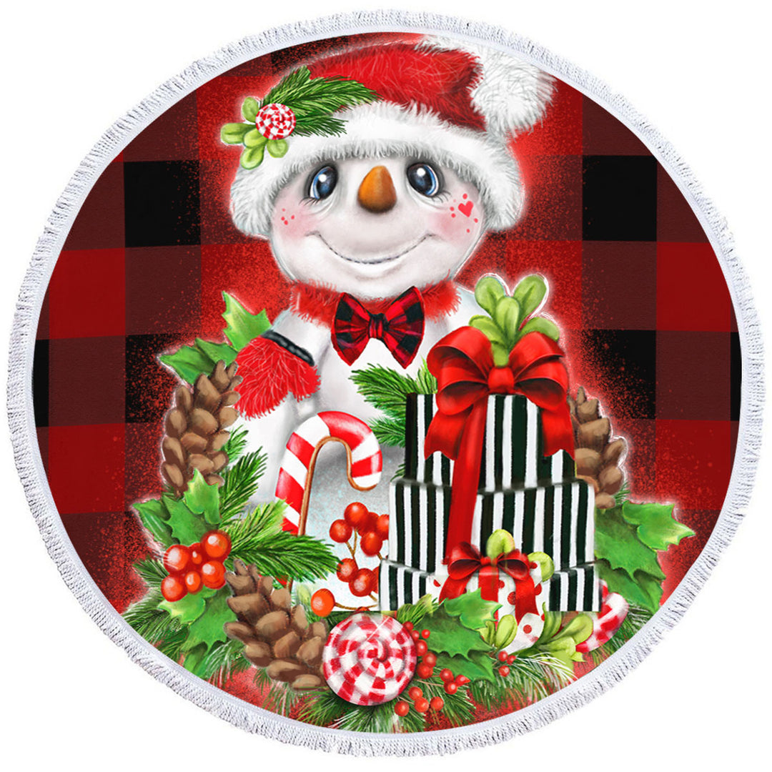 Christmas Plaid Cutie Snowman Round Beach Towel