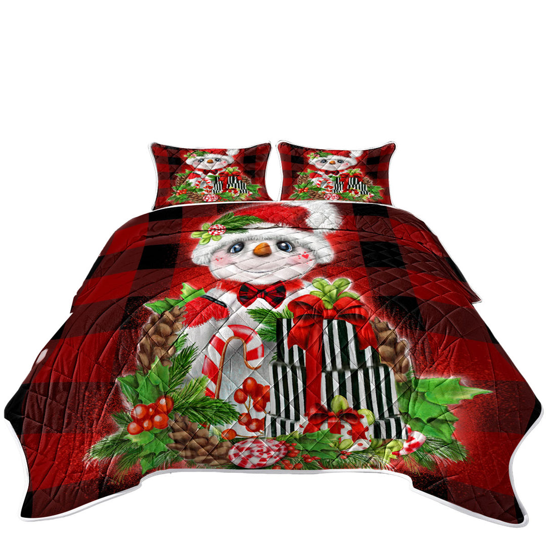 Christmas Plaid Cutie Snowman Twin Quilt