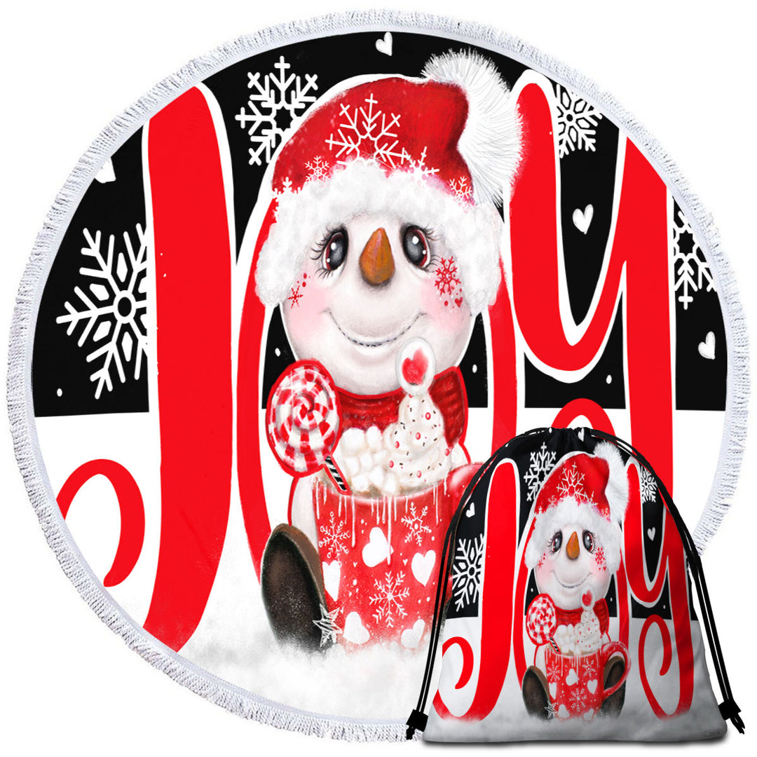 Christmas Round Beach Towel Joy Snowman Hot Cocoa Mug