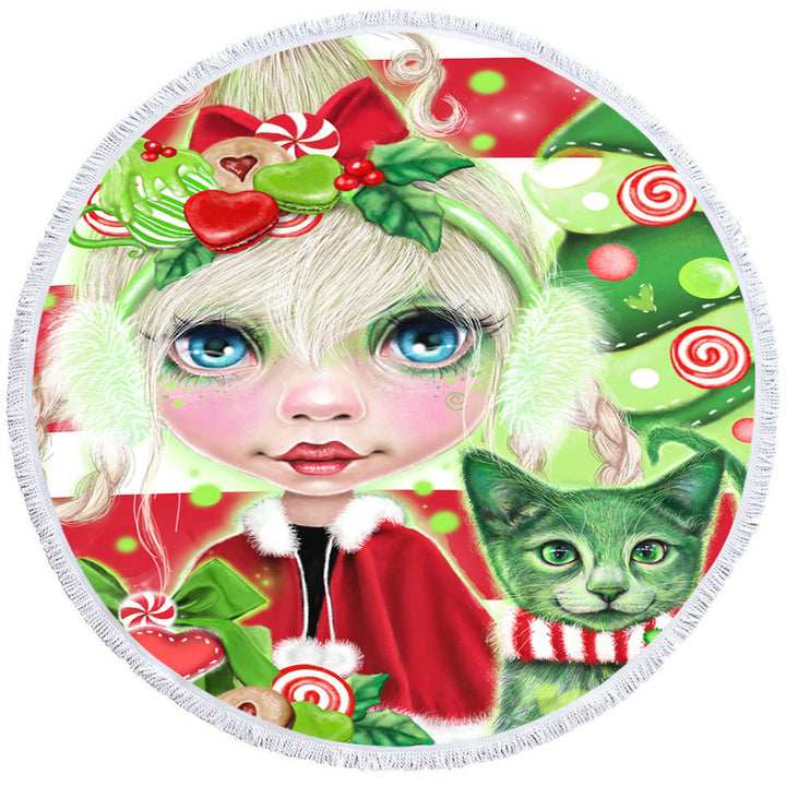 Christmas Round Beach Towel Red Green Christmas Cindy Girl and Kitty Cat