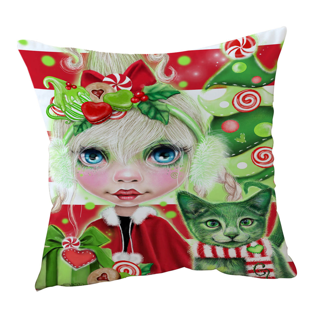 Christmas Throw Pillows Red Green Christmas Cindy Girl and Kitty Cat