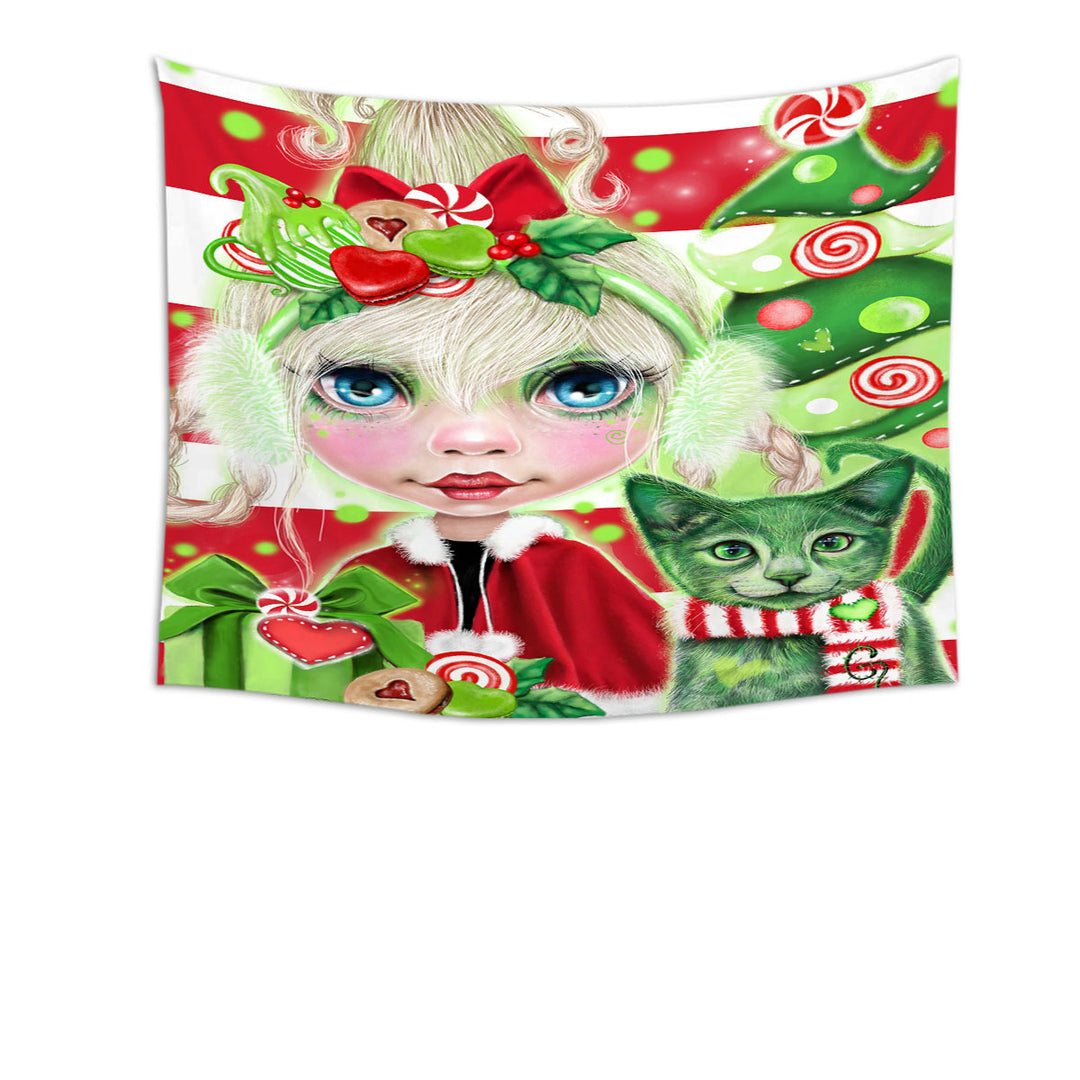 Christmas Wall Decor Tapestry Red Green Christmas Cindy Girl and Kitty Cat