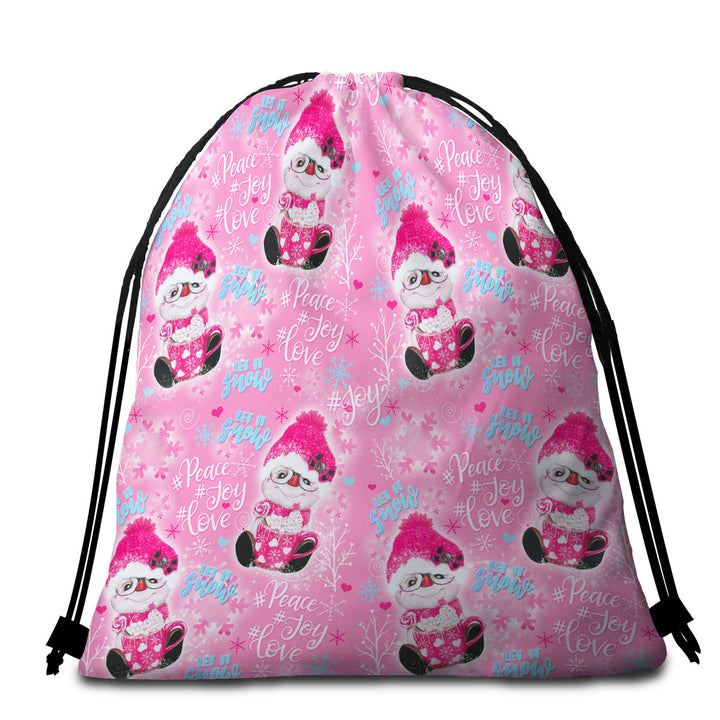 Christmas Winter Pink Snowman Pattern Beach Towel Bags