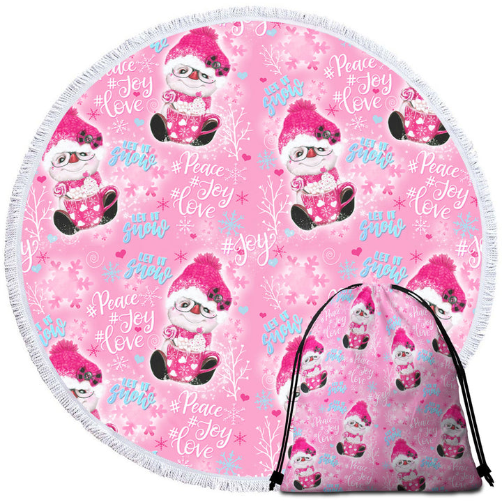 Christmas Winter Pink Snowman Pattern Circle Beach Towel