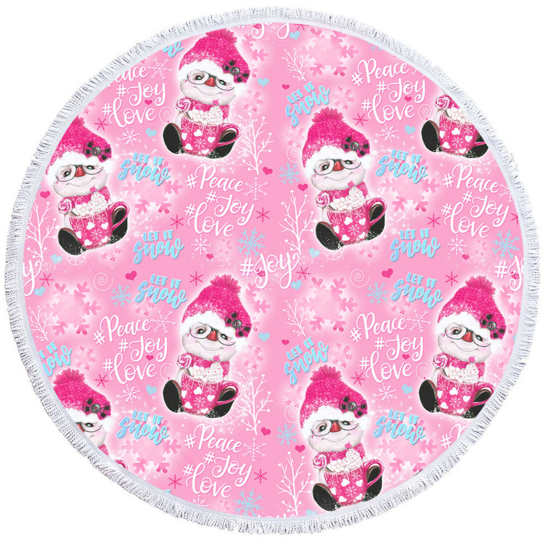 Christmas Winter Pink Snowman Pattern Round Beach Towel