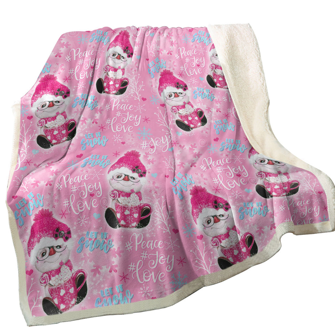 Christmas Winter Pink Snowman Pattern Sherpa Blanket