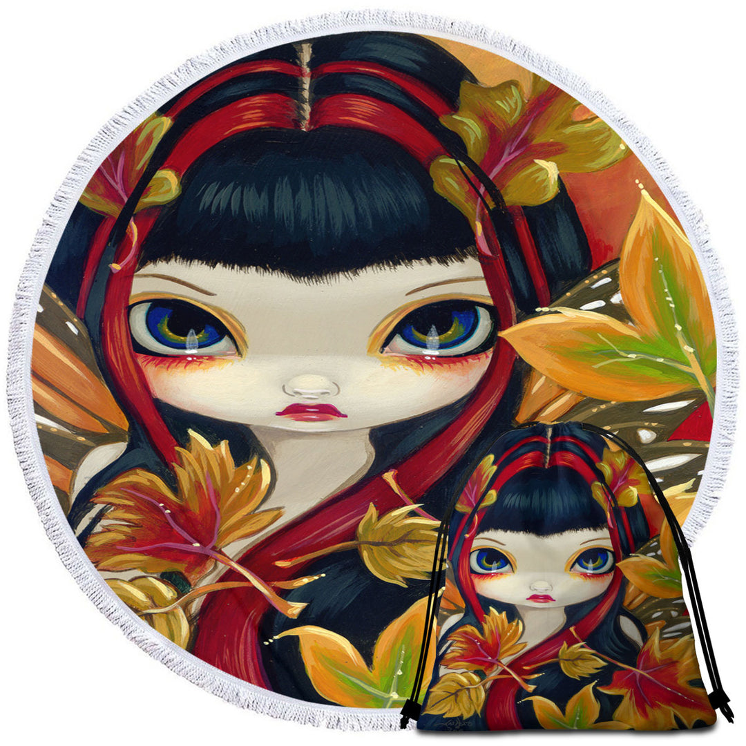 Circle Beach Towel with Autumn Leaves Big Eyed Winged Girl