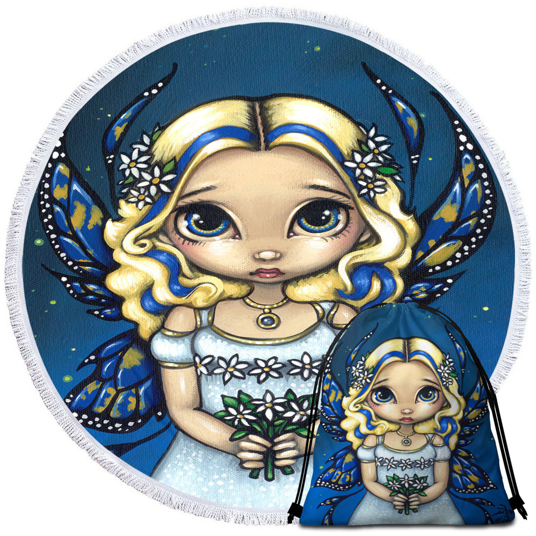 Circle Beach Towel with Daisy Lovely Blonde Fairy with Flowers