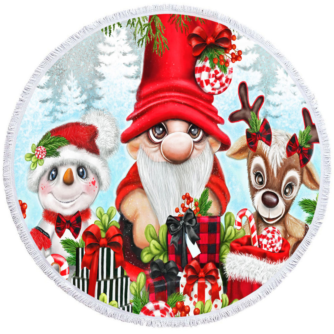 Circle Beach Towels for Christmas Gnome Snowman and Reindeer