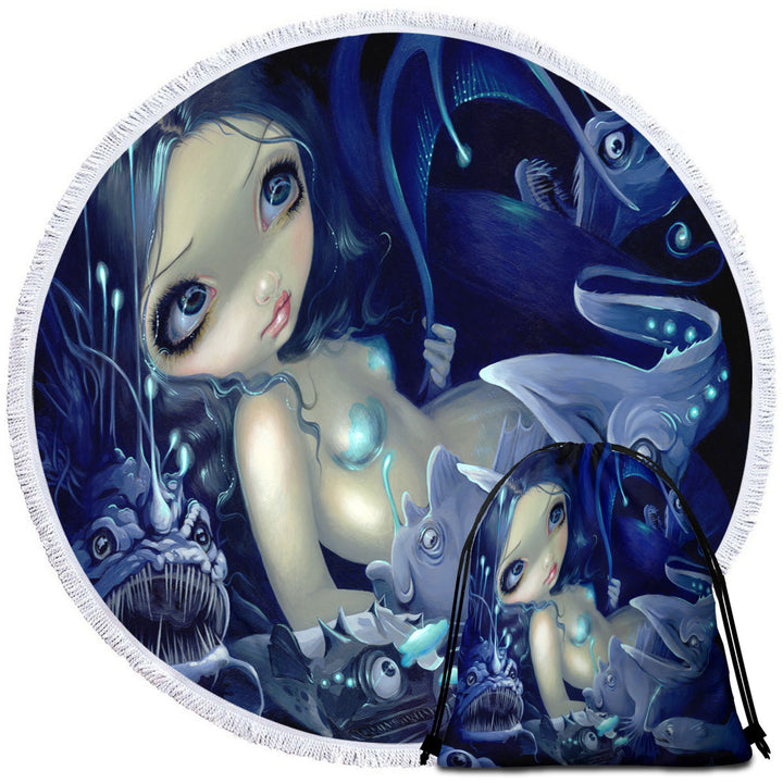 Circle Towel with Scary Underwater Art Fish and Mermaid