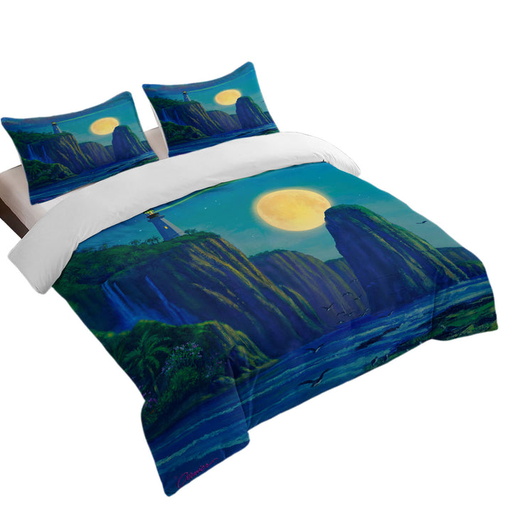 Coastal Art Lighthouse at Moon Bay Duvet Cover