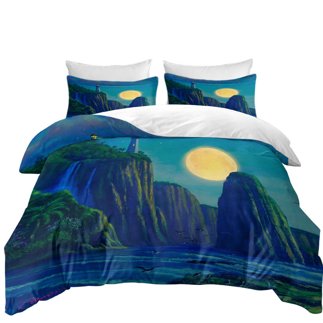 Coastal Art Lighthouse at Moon Bay Duvet Covers