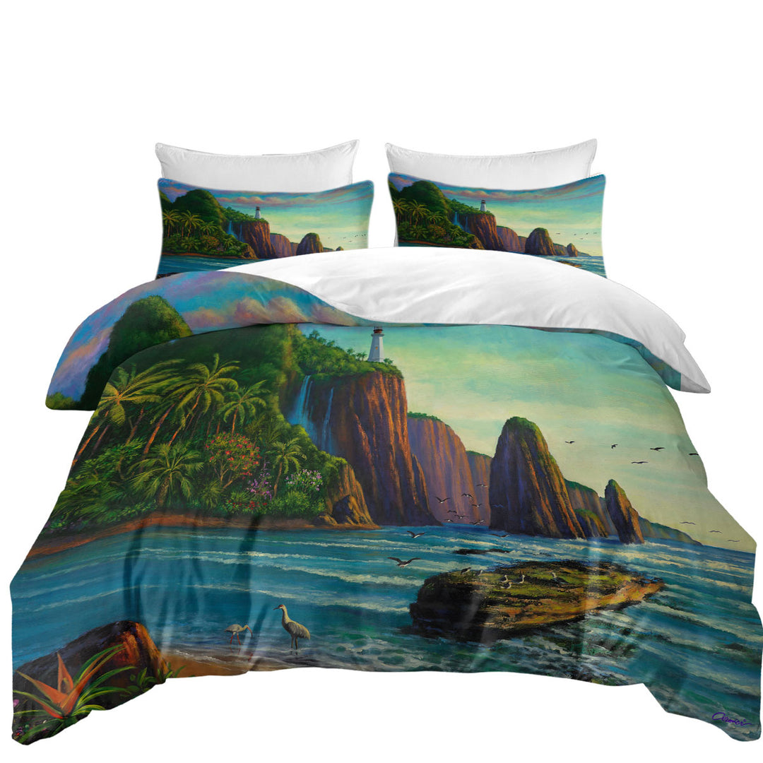 Coastal Art Painting Lighthouse in Paradise Bay Duvet Cover