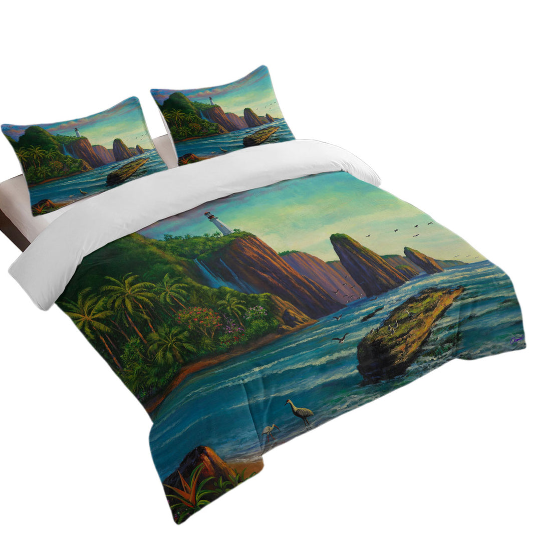 Coastal Art Painting Lighthouse in Paradise Bay Duvet Covers