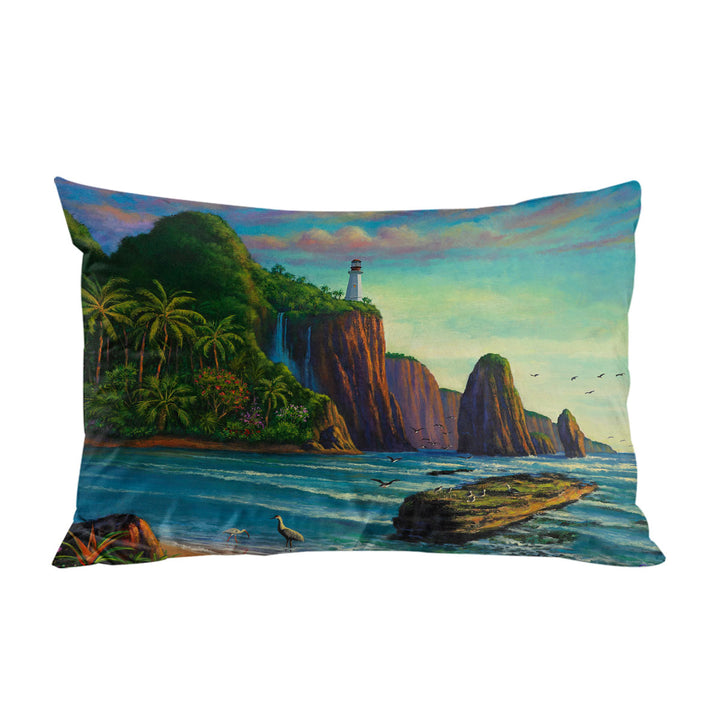 Coastal Art Painting Lighthouse in Paradise Bay Pillow Cases