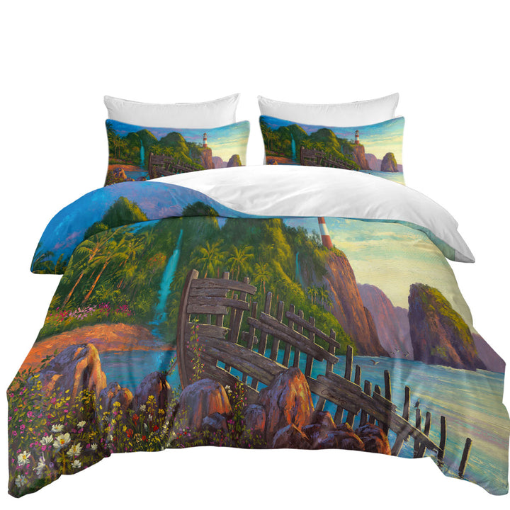 Coastal Art Painting Lighthouse in Paradise Cove Duvet Covers