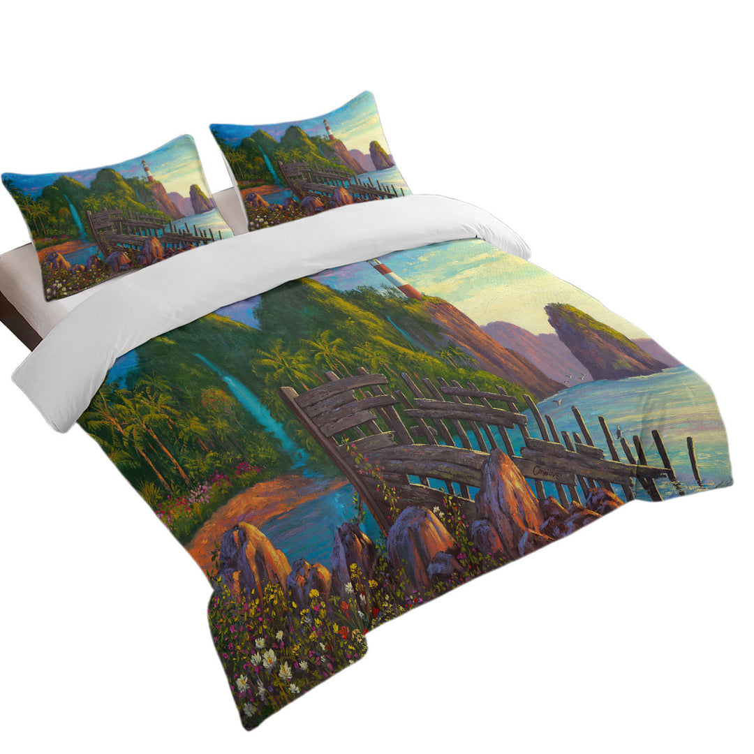 Coastal Art Painting Lighthouse in Paradise Cove King Size Duvet Cover