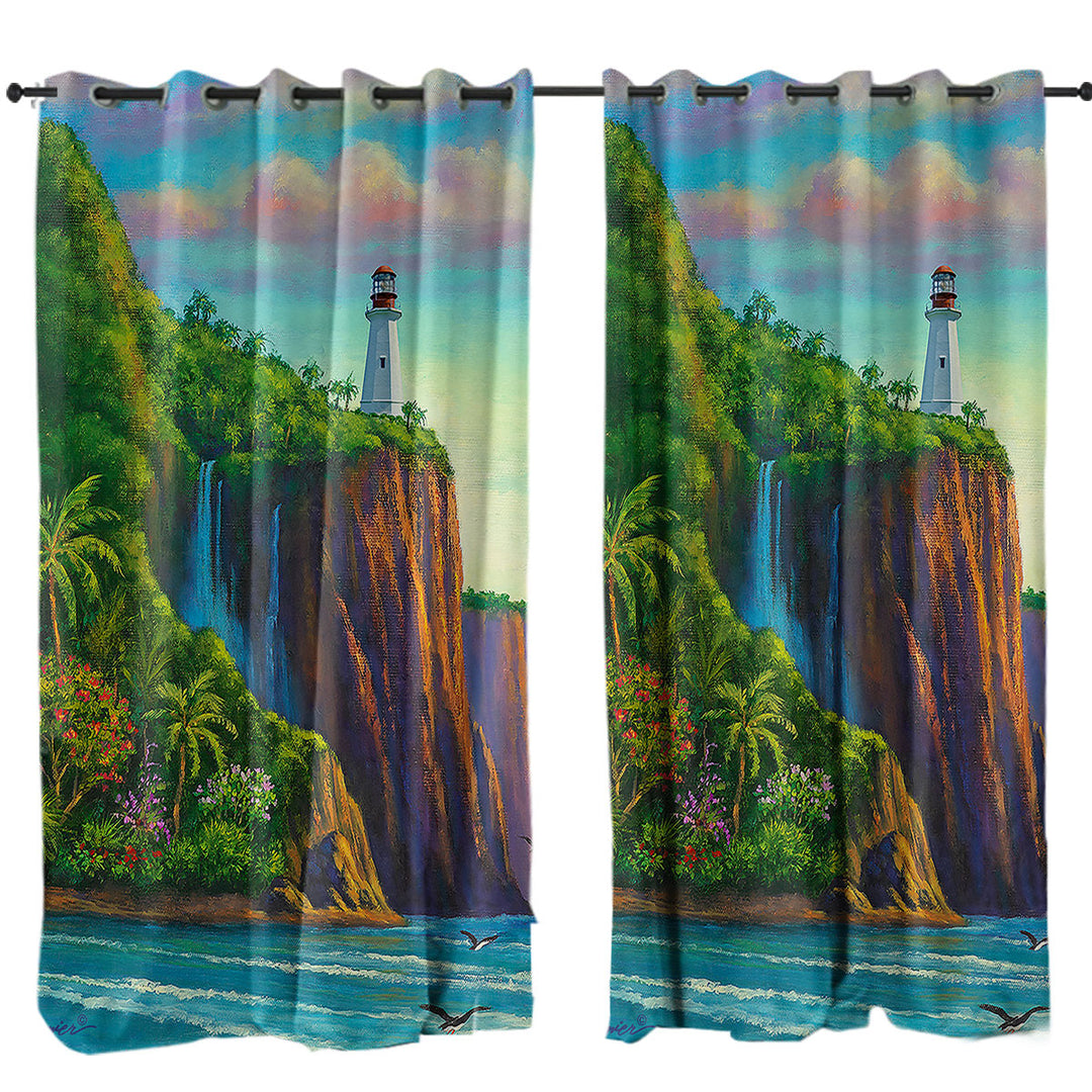 Coastal Art Painting Paradise Lighthouse Curtains for Bedroom