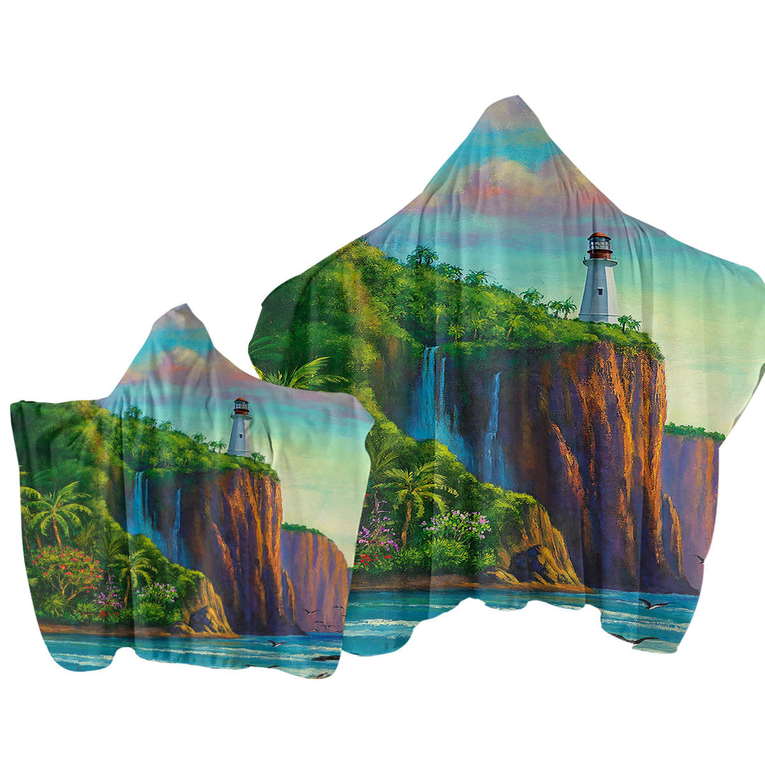 Coastal Art Painting Paradise Lighthouse Hooded Beach Towel