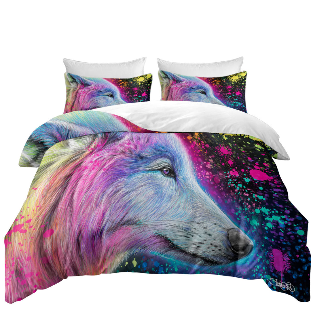 Colorful Animal Art Neon Rainbow Wolf Comforter Cover