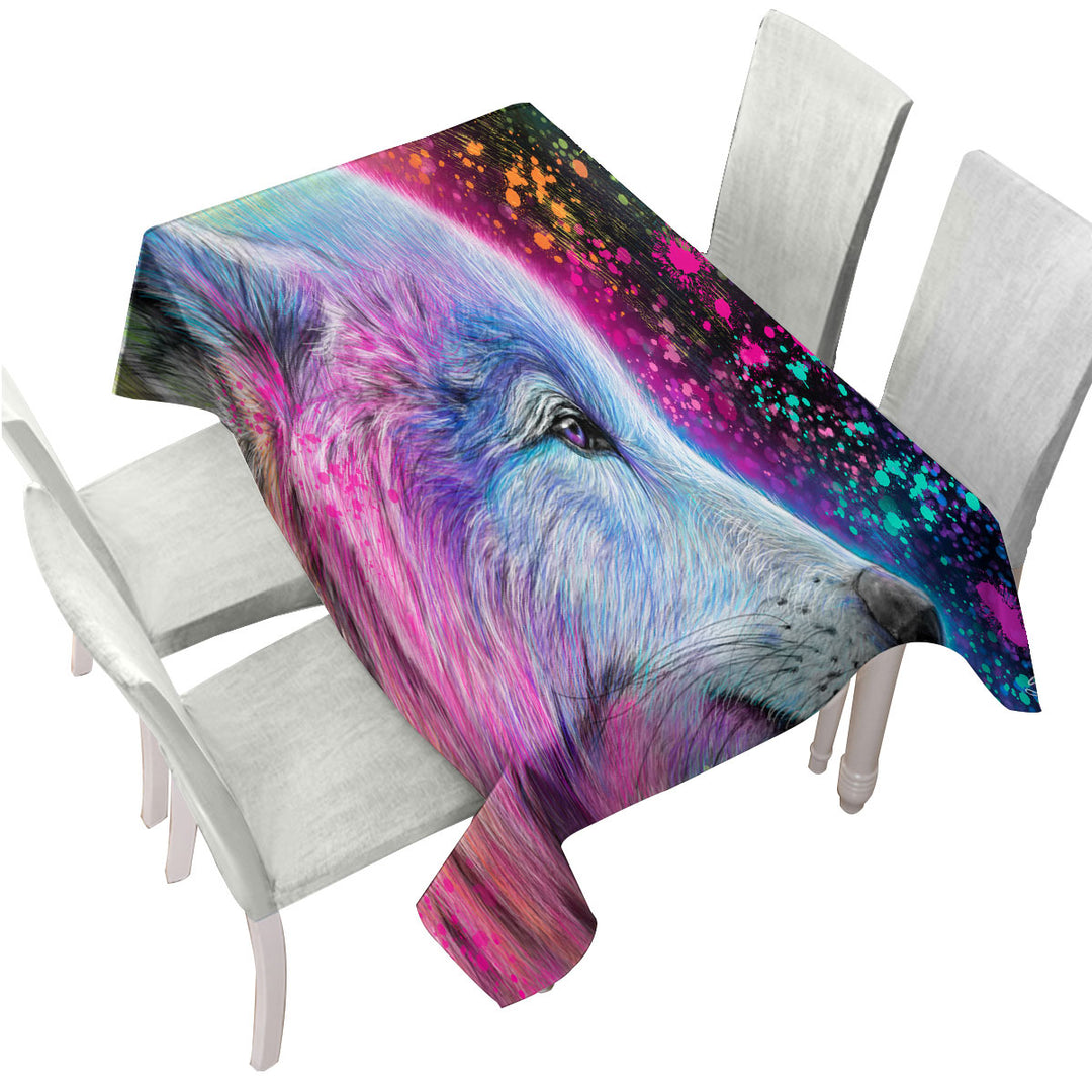 Colorful Animal Art Neon Rainbow Wolf Tablecloth